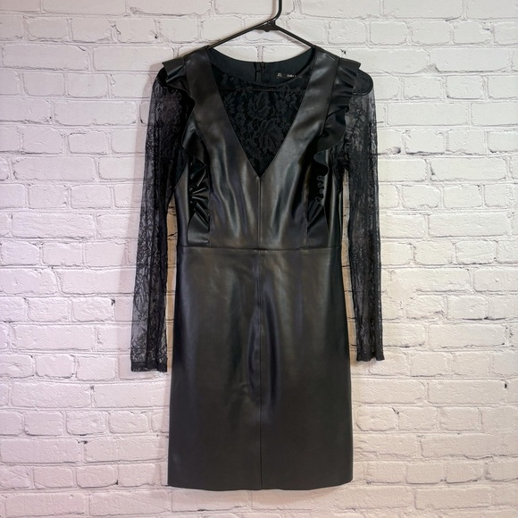Zara Faux Leather Mini Dress with Lace Sleeves and Ruffled Bodice - Picture 2 of 8